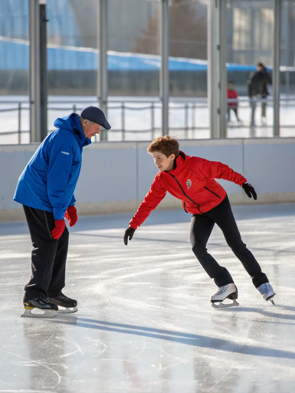 A coach is demonstrating advanced skating techniques to a group of hockey players during a specialized training camp at APPH, emphasizing skill enhancement and performance improvement.